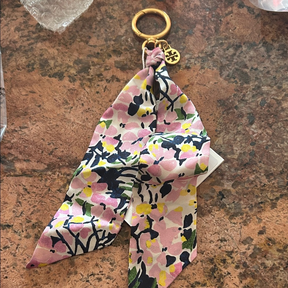Tory Burch Pink and Yellow Floral Scarf Keychain